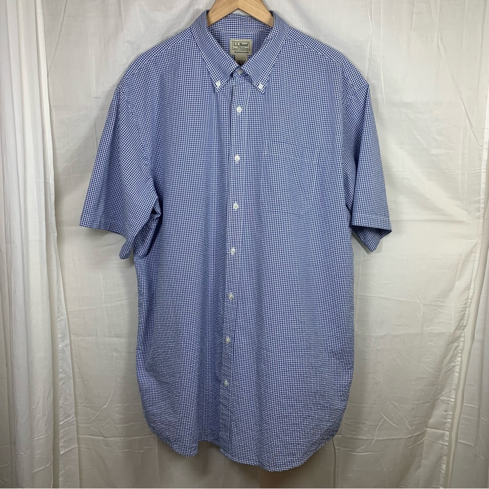 L.L. Bean Blue White Check Seersucker Casual Button Down Shirt Size XL TALL